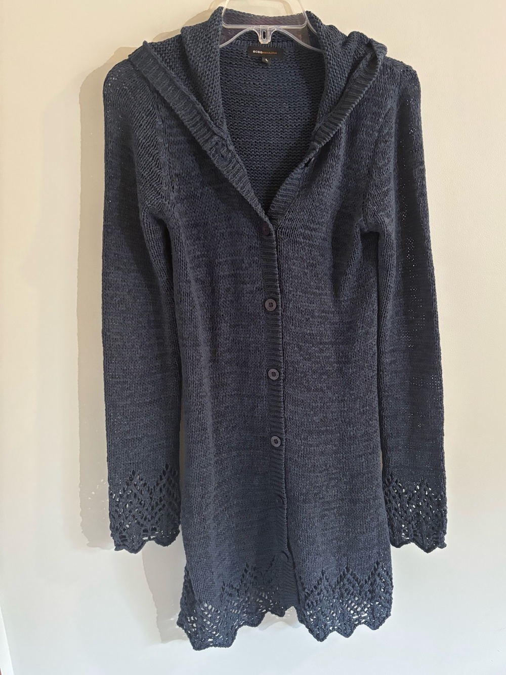 BCBGMaxAzria Navy Hooded Button-Front Knit Cardigan Crochet Trim Size L